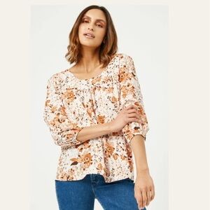 Sunland 17 Floral Peasant Top Lightweight Flowy Rust Orange